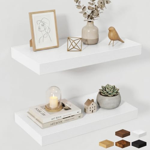 Fun Memories Wood Floating Shelves 20 Inch, 10 Inch Deep Shelves Wall Mount, Wall Shelves with Invisible Bracket, 20" Floating Shelves for Living Room Bathroom Bedroom, White, Set of 2 - color: Modern White, size: 20W x 10D x 1.5H