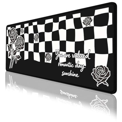 Checkerboard Rose Gaming Mouse Pad Emo Aesthetic Art Large Desk Mat with Stitched Edges,Non-Slip Waterproof Rubber Base Mouse Mat Office Computer Keyboard Laptop 31.5"x11.8" - color: Checkerboard Rose