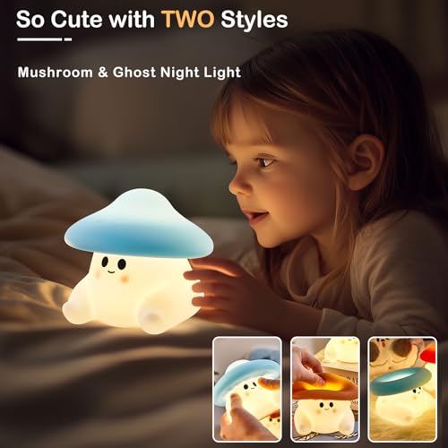 Mushroom Night Light for Kids, Cute Ghost Mushroom Lamp Silicone Baby Nursery Night Lamp, Dimmable Squishy Touch Bedside Lamps, Adorable Rechargeable Animal Lamps Gifts Kawaii Room Decor Girls Boys - color: Mushroom