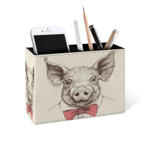 Famame Bow Tie Pig Portrait Pencil Holder for Desk, Leather Desktop Container Pen Cup Storage Study Table Pen Organizer Makeup Brush Holder for Classroom Office Home - color: Bow Tie Pig