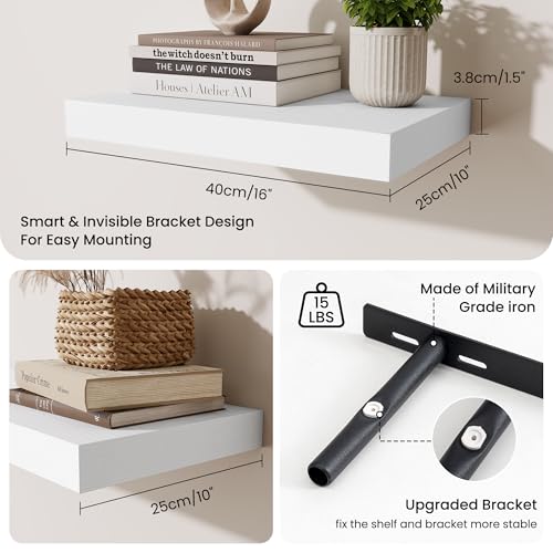 Fun Memories Wood Floating Shelves 16 Inch, 10 Inch Deep Shelves Wall Mount, Wall Shelves with Invisible Bracket, 16" Floating Shelves for Living Room Bathroom Bedroom, White, Set of 2 - color: Modern White, size: 16W x 10D x 1.5H
