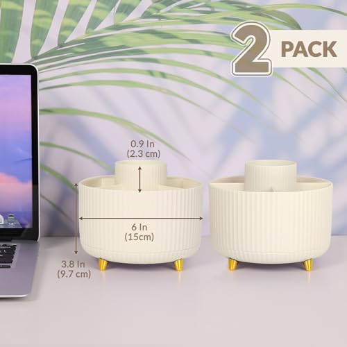 SKYDUE 2 Pack Pen Holder, 360 Degree Rotating Pencil Holder for Desk Organizer, Rotating Desktop Pen Organizer with 5 Slots, Office Supplies, Pencil Cup for Office, School, Home - color: Beige_2Pack