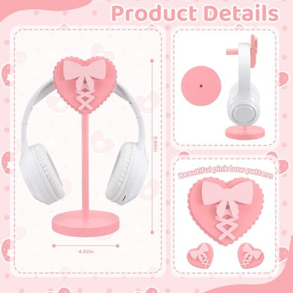 Kingdder Pink Heart Bow Headphone Stand Cute Wood Headphone Stand Adorable Headset Holder Accessories Gamer Gifts for Teenage Women Teacher Girlfriend Office Worker Wife Gamer Room Office Desk - style: Heart Bow