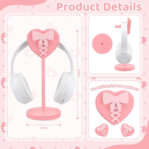 Kingdder Pink Heart Bow Headphone Stand Cute Wood Headphone Stand Adorable Headset Holder Accessories Gamer Gifts for Teenage Women Teacher Girlfriend Office Worker Wife Gamer Room Office Desk - style: Heart Bow