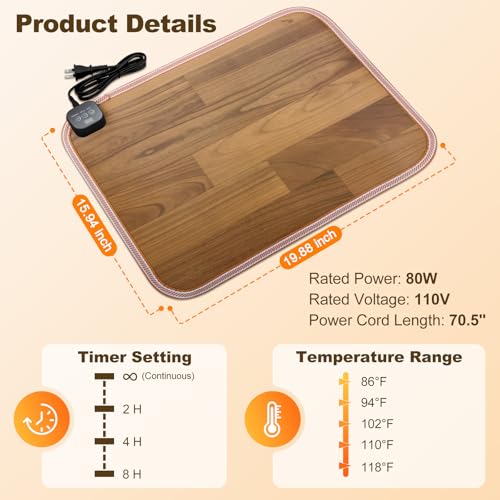 Foot Warmer Under Desk - 15.9x19.9in Heated Floor Mat 110V Adjustable Temperature Electric Heater with Timer for Office Home, Heating Pad for Cold Feet (Brown Wood) - color: Brown Wood