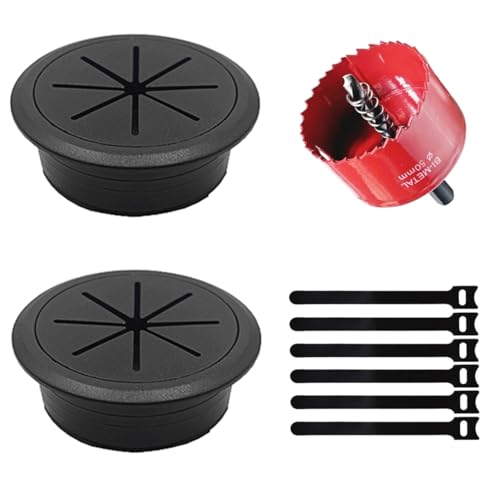 2 Pack Desk Grommet 2 Inch (50 mm), Desk Hole Cover for Cables, Black Desk Cord Hole Cover for Office Home Table, Cable Grommet with 1 Hole Saw Drill Attachment & 6 Cable Ties - color: Black