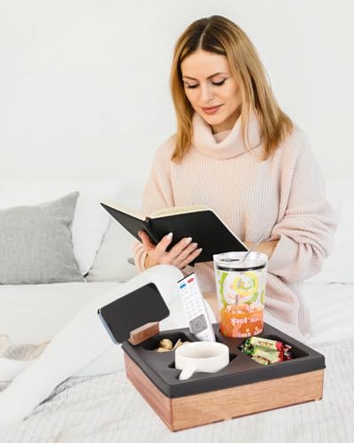 Couch Cup Holder Tray, Silicone Acacia Wooden Couch Caddy with Cup Holder for Snacks, Drinks, Remotes, Waterproof Cup Holder for Couch, Organizer, Movie Night Snack Trays - color: Black