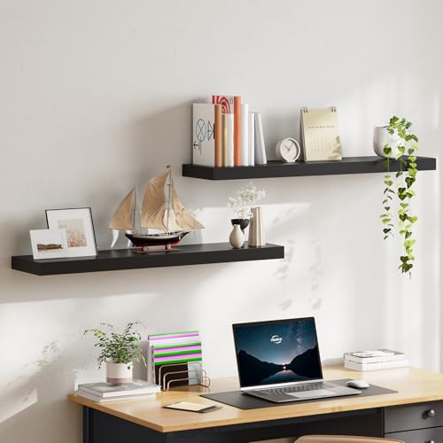 HOOBRO Floating Shelves for Wall, Wall Mounted Shelf Set of 2, 39.4" Hanging Shelf with Invisible Brackets, for Wall Decor Storage in Bathroom Bedroom Kitchen Living Room Office, Black BK100BJP201 - color: Black, size: 39.4 Inches