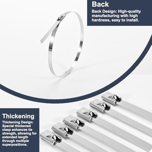 100-Pack Metal Zip Ties 11.8 inch, Heavy Duty 304 Stainless Steel Self-Locking Cable Ties for Outdoor Use, Multifunctional Cable Ties for Exhaust Wrap, Chain Link Fence Parts, Farms, Pipes - color: 100pcs
