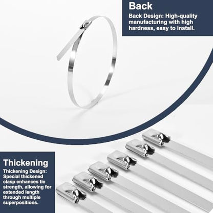 100-Pack Metal Zip Ties 11.8 inch, Heavy Duty 304 Stainless Steel Self-Locking Cable Ties for Outdoor Use, Multifunctional Cable Ties for Exhaust Wrap, Chain Link Fence Parts, Farms, Pipes - color: 100pcs