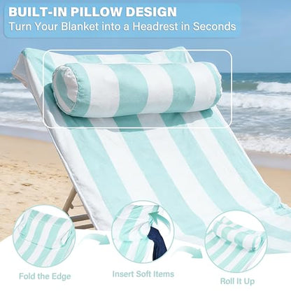 Tirrinia Lounge Chair Towel Cover with Fitted Top Pocket, DIY Pillow Design (Stuff with Clothes or Towels), Beach Chair Cover for Pool Lounge Chairs, Chaise Lounge Towel Cover, Soft & Quick Dry - color: Blue Stripe