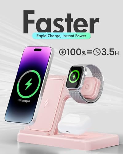 Wireless Charger Stand Charging Station: 3 in 1 Charger Stand Multiple Devices for Apple - iPhone 17 16e 16 15 14 Pro Max 13 12 - Watch 11 10 9 8 7 6 5 4 3 2 SE and Ultra Series-Airpods 4 3 Pro, Pink - color: Pink