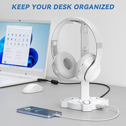 KDD Gaming Headphones Stand, Rotatable Headset Stand with Light Modes - Controller Holder with 2 USB Charging Ports and 3.5mm - Earphone Hanger Accessories for Desktop Gamer(White) - color: White
