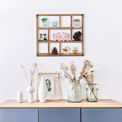 17.7x15.7-Inch Shadow Box Shelf 9-Slot Rustic Wood Floating Shelves Larger Shelf Lightweight Solid Wood Display(Set of 2,9C-Brown) - color: 9c-brown, size: 2 PCS