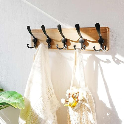 Dseap Coat Rack Wall Mount - Heavy-Duty Robust Barnwood-Style Wooden Wall Coat Hanger Hook Rail with 5 Triple Hooks for Winter Coats Hat Jacket Clothing, Weathered Brown & Black - color: Weathered Brown & Black, size: L=17.4"