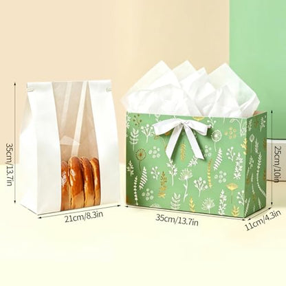 woric 13.7" Sage Green Gift Bags for Women, 2 Pcs Gift Bag with Handles | 2 Pcs Bag with Tissue Paper & Cards, Wedding Bridal Shower, Birthday Baby Showers, Special Occasions - color: Sage green