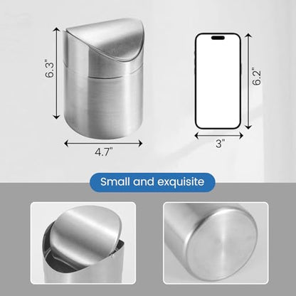 LOVEINUSA Mini Trash Can with Lid, 1.5L Small Garbage Bin Brushed Stainless Steel Desk Trash Can for Bathroom, Office, Kitchen, Coffee Table, and Countertop Use