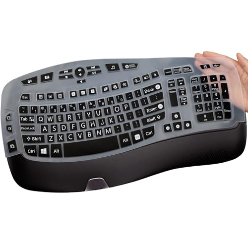 MUBUY-GOL Large Print Keyboard Cover for Logitech K350 Wireless Wave Keyboard, MK570, MK550; Black Silicone; Water Resistant, Dust Proof, Washable - color: black color
