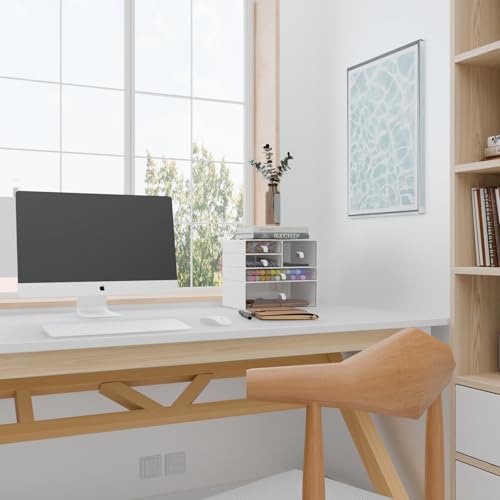 Desk Organizer Set, White & Clear Stackable Dustproof Storage Boxes for Desktop, Office, Bathroom, DIY Craft & Vertical Space Saving, Perfect for Makeup, Stationery Organization (5 Drawer) - size: 5 drawer white & clear