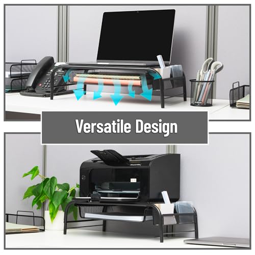 Mind Reader Monitor Stand, Ventilated Laptop Riser, Paper Tray, Storage, Office, Metal Mesh, 20"L x 11.5"W x 5.5"H, Black - color: Black