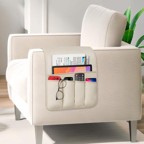 TV Remote Control Holder Couch Caddy, Non-slip Bedside Caddy Organizer with 5 Pockets for Key Glasses Phone Magazine Holders (Beige, 35"x12.4") - color: Beige, size: 35"x12.4"
