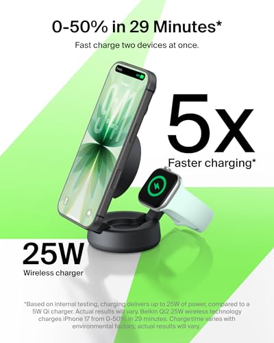 Belkin MagSafe Charger Compatible, 2-in-1 Wireless Charging Station, Qi2.2 25W Convertible Magnetic Charger for iPhone 17, Apple Watch Series 10, Google Pixel 10, and More (45W Adapter Included) - color: Black, style: 2 in 1