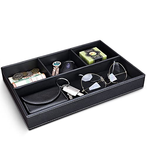 GORESE Faux Leather Valet Tray for Men, Stackable Jewelry Trays Drawer Organizer Tray Nightstand Organizer for Men, EDC Tray for Key, Wallet, Sunglass, Watch, Coin, Phone, Cologne - Black - color: Black