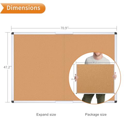 VIZ-PRO 72" x 48" Large Cork Bulletin Board, Foldable & Wall-Mounted Notice Pin Board with Silver Aluminum Frame, for School Home Office - 6' x 4' Corkboard - size: 72 X 48 Inches