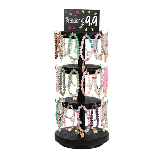 Pinzoveco Bracelet Holder, 3 Tier Wooden Rotating Bracelet Display Stand, Tree Stand Vendor Booth Display with Adversitsing Board, 36 Hooks for Bracelet, KeyChain Display Stands for Selling, Black (Patent Pending) - color: Weathered Black