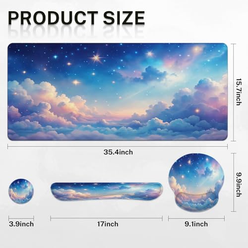 Arttown Starry Sky Desk Mat Cloud Colorful Mouse Pad Set 4 in 1 Beauty Night Sky Ergonomic Design Large Desk Pad + Keyboard Wrist Rest + Mouse Wrist Rest + Coaster Suitable for Home Office Study Game - color: Starry Sky