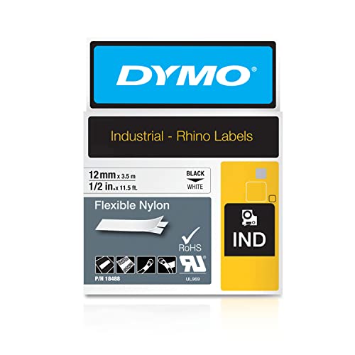 DYMO Rhino Industrial Flexible Nylon Labels 1/2" x 11.5' Black Print on White Tape - color: Black on White, size: 1/2" (12MM)