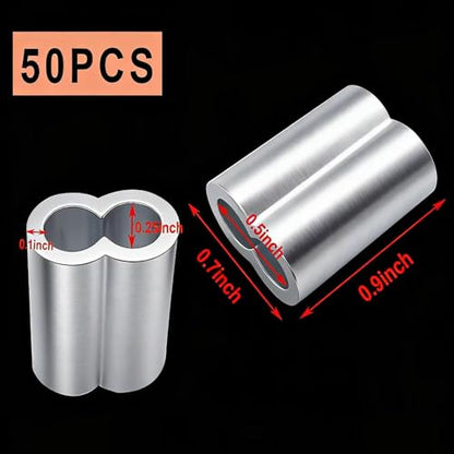 Pack of 50 Aluminum Crimping Loop Sleeve Cable Crimp for 1/4 inch Diameter Double Ferrule Wire Rope and Cable (6mm)