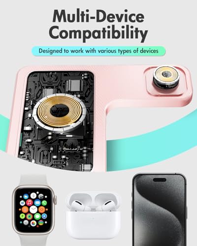 Wireless Charger Stand Charging Station: 3 in 1 Charger Stand Multiple Devices for Apple - iPhone 17 16e 16 15 14 Pro Max 13 12 - Watch 11 10 9 8 7 6 5 4 3 2 SE and Ultra Series-Airpods 4 3 Pro, Pink - color: Pink