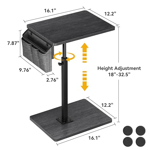 Vagusicc Sofa Armrest Tray Table for Couch, 360° Swivel Height Adjustable TV Tray Table for Small Spaces, Snack Side Table for Couch, Bed, Chair, C Shaped End Side Table for Eating, Reading, Laptop - color: Gray Walnut, style: With Storage Bag