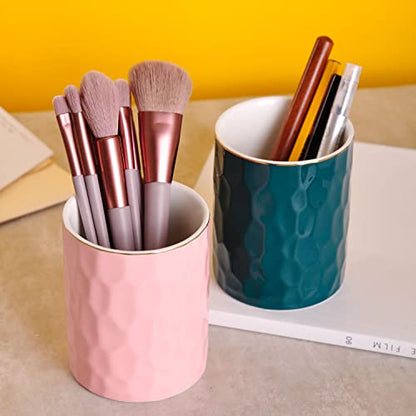 WHJY Ceramic Green Pencil Cup, Makeup brushes Holder, Gold Pen Holder for Desk Cute Small Boho Brush Holder, Modern Geometry Design Pen Holder - color: Green