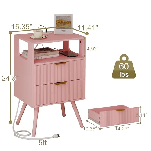 JOONEE Pink Nightstand with Charging Station and LED Lights,Modern Bedside Table with 2 Storage Drawer and Open Wood Shelf, for Bedroom and Small Spaces,Night Stand with Solid Wood Legs,Pink - color: Pink