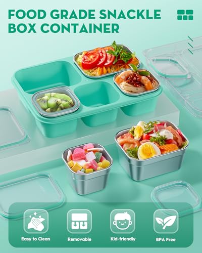 BiuLeon Snackle Box Containers, Stainless Steel 5 Compartments Divided Serving Tray with Lid, Removable LeakProof Portable Bento Box for Fruit Candy Nuts Food - School, Picnic and Travel（Green） - color: Green