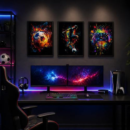 Soccer Gaming Wall Art Set Of 3 Black Framed Canvas Prints Neon Graffiti Soccer Ball Player And Controller Decor For Boys Room Teen Bedroom Game Room 12x16 Inches Each