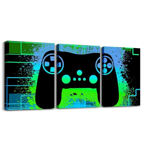 Feelyou Green Blue Gamer Canvas Wall Art for Bedroom Wall Decor for Living Room Office Wall Decor Tech Line Gaming Painting Framed Graffiti Gamepad Wall Pictures 3 Piece for Bathroom Home Decor - color: Black Blue Green