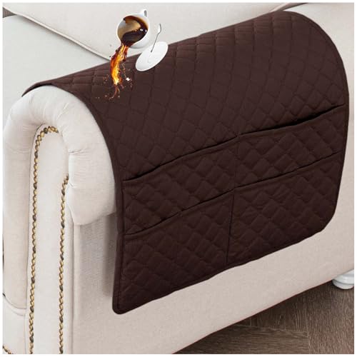 Waterproof Sofa Armrest Cover Headrest Cover with Side Pocket Non-Slip Couch Protector for Armchairs, Chairs, and Sofas (Brown,Armrest Cover 2PCS) - color: Brown, size: Armrest Cover 2PCS