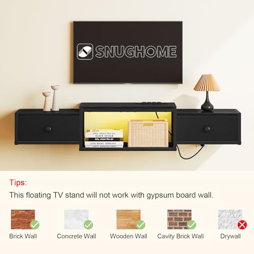 Snughome Floating TV Stand Wall Mounted with Power Outlet 55", Floating Entertainment Center with LED Lights, Floating TV Shelf with Drawer, Wall Mounted Media Console Shelf for Living Room, Bedroom - color: Black, size: 55.12" x 11.02" x 6.5"