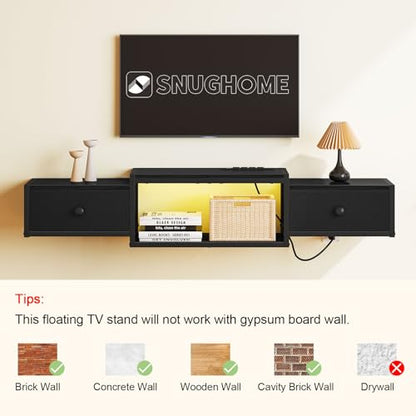 Snughome Floating TV Stand Wall Mounted with Power Outlet 55", Floating Entertainment Center with LED Lights, Floating TV Shelf with Drawer, Wall Mounted Media Console Shelf for Living Room, Bedroom - color: Black, size: 55.12" x 11.02" x 6.5"
