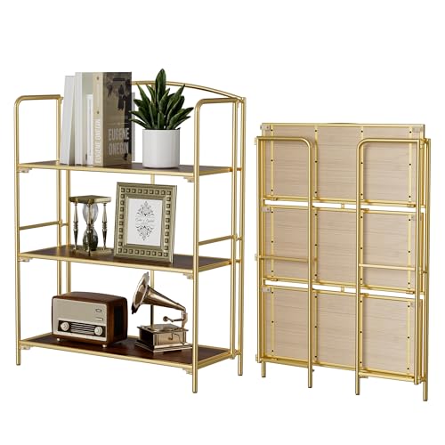 Crofy 3-Tier Wider Foldable Bookshelf, Gold Frame & Walnut Shelves | No-Assembly Collapsible Portable Storage Organizer; Sturdy Walnut Finish Shelves; Ideal for Living Room & Home Office - color: Gold Frame & Walnut Shelf, size: 3 Tier Wider