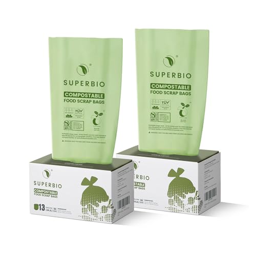 SUPERBIO 13 Gallon Flat Top Compostable Food Waste Bags, 50 Count, 2 Pack, 49.2L, 0.87 Mil, ASTM D6400 BPI and OK compost INDUSTRIAL - color: 13 Gallon Flat Top, 100 Count (2 Pack)