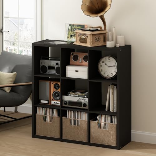 Furinno Cubicle Record Player Stand with Vinyl Storage, 9-Cube 1.2 Extra Thick Vinyl Record Storage, Open Back Media Shelf for CD DVD Blueray Game Disc, for Living Room, Home Office, Black Dark Oak - color: Black Dark Oak, size: Extra Thick, 9-Cube Standa
