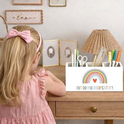 But Did You Document It Wooden Desk Organizer Pen Holder | Motivational quote design; 3-compartment wooden caddy holds pens, pencils, and supplies for office, home, or classroom. - color: Document It Rainbow