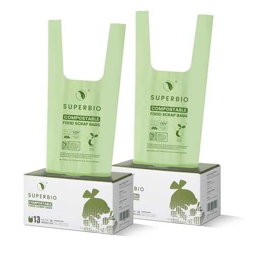 SUPERBIO 13 Gallon Handle Tie Compostable Food Waste Bags, 30 Count, 2 Pack, ASTM D6400, BPI and OK compost INDUSTRIAL, 49.2L, 0.87 Mil - color: 13 Gallon Handle Tie, 60 Count (2 Pack)