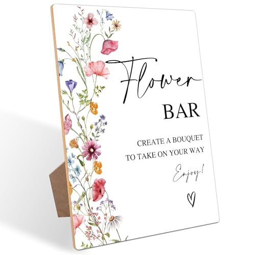 Flower Bar Sign, Boho Style Wooden Sign with Stand for Wedding Reception and Bridal Shower, Floral Party Decorations, Engagement Party Decor, Bridal Shower Decor, Party Supplies and Decorations,3 - color: Flower Bar3