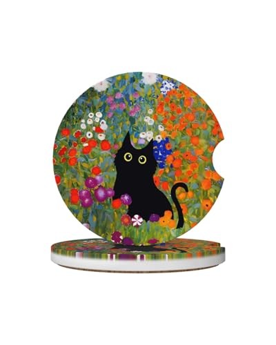 Car Cup Holder Coasters, 2 Pcs Ceramic Coasters with Cork Back and Finger Slot, Anti-Slip Shock Absorbing Women and Men Universal Car Accessories - Long-Tailed Cat - color: Long-tailed Cat