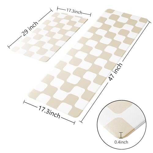 Cream Retro Curvy Checkered Grid Checkerboard Kitchen Rug Sets [2 PCs], Anti-Fatigue, Waterproof Non-Slip Kitchen Mats Heavy Duty Comfort Foam Rug for Floor, Home, Laundry,17"x29"+17"x47" - color: Milkgrid-cream, size: 17.3"x29"+17.3"x47"-0.4"H
